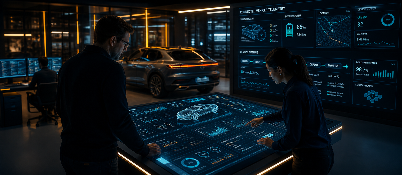 Enterprise engineering team reviewing automotive platform DevOps pipelines