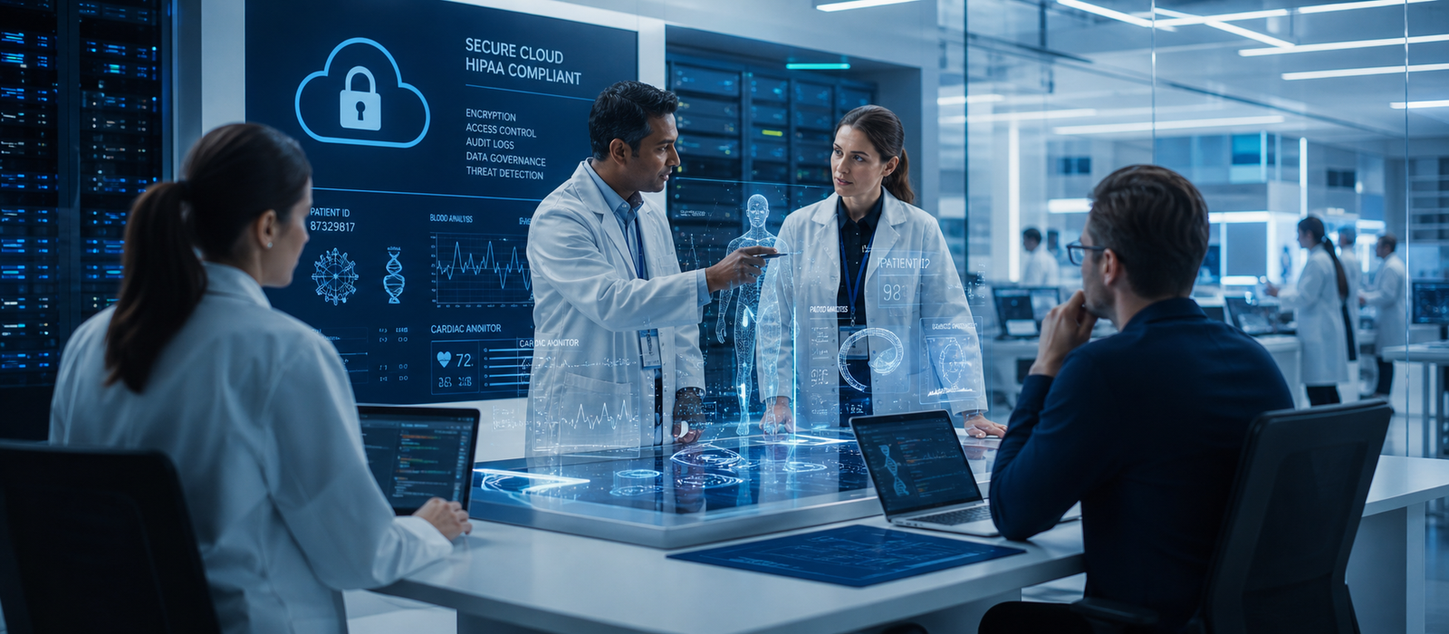 Enterprise IT team collaborating on healthcare platform compliance in a clinical technology lab