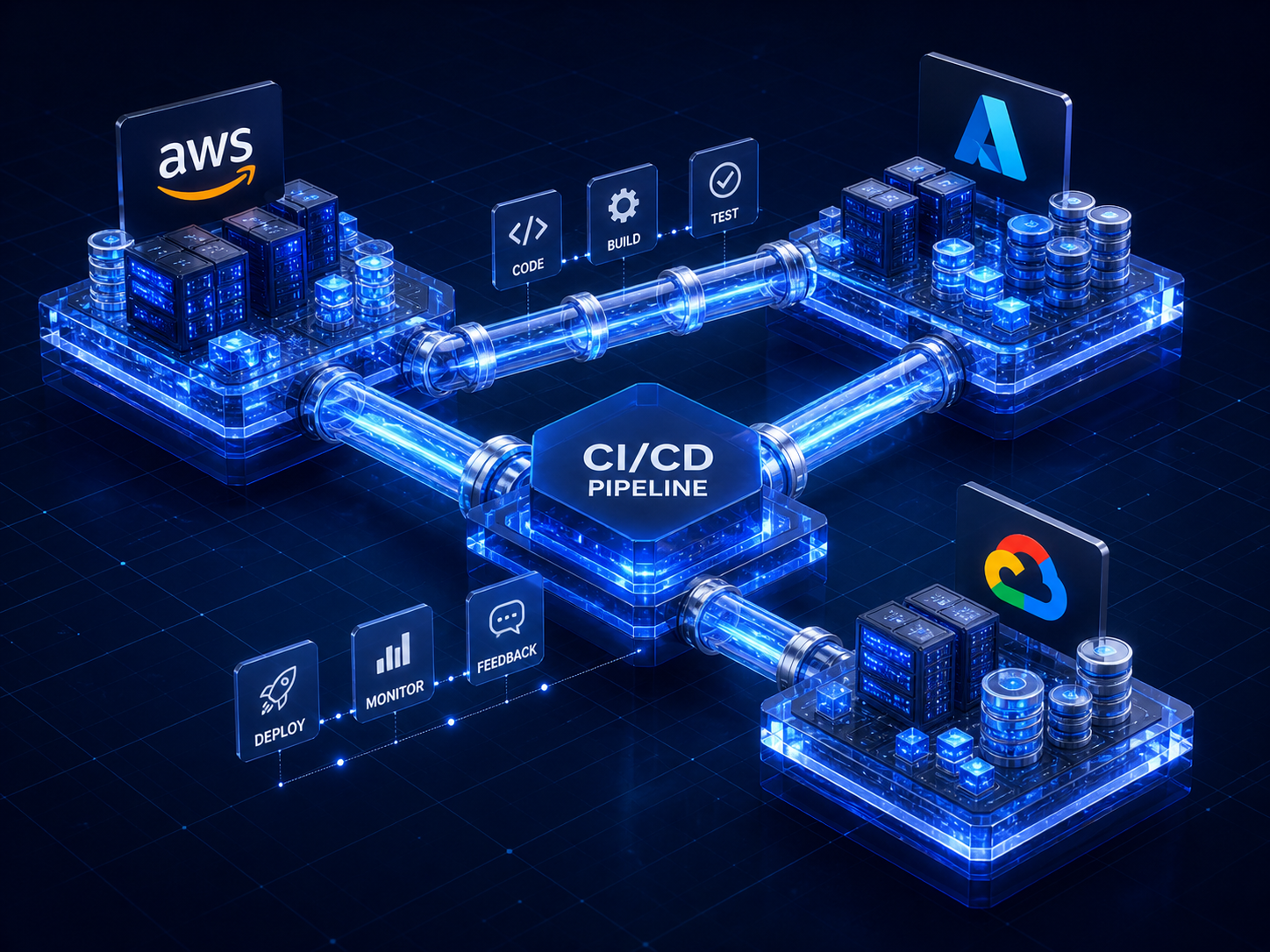 Abstract cloud infrastructure graphic showing interconnected AWS, Azure, and GCP nodes with glowing pipeline conduits